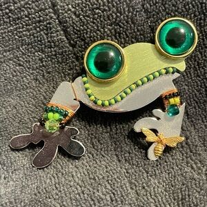 2010 Liztech Green Eyed Frog Mirrored Beaded Artisan Brooch Pin